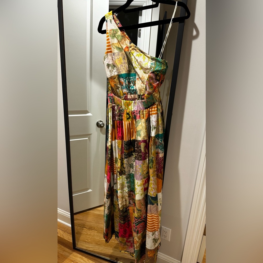 Alemais Hattie One Shoulder Silk Blend Lined Patchwork Design Midi Dress 6 - Picture 3 of 4